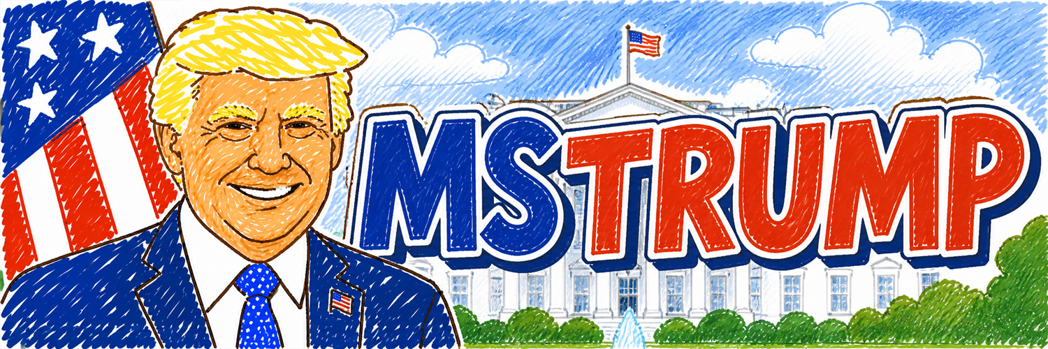 Childlike MS Paint crayon drawing of Donald Trump on USA flag background